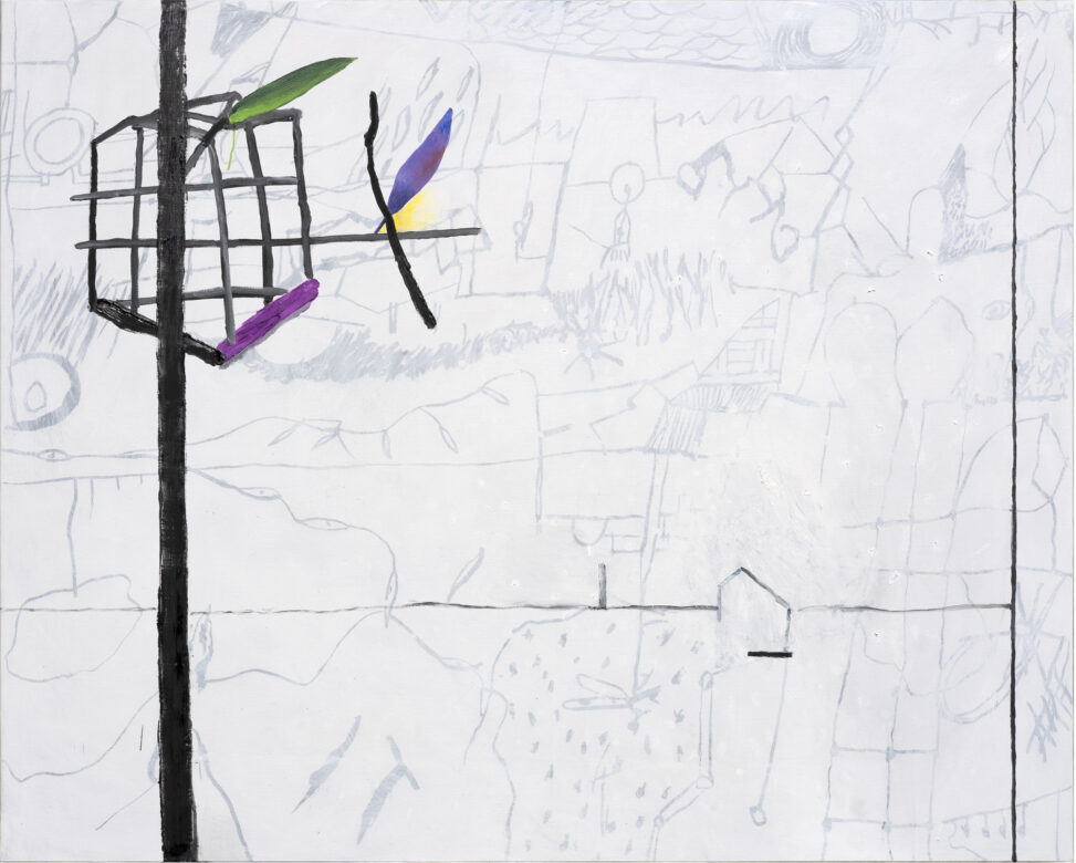Cage, neige, 2024 Acrylique et huile sur toile 130 x 162 cm