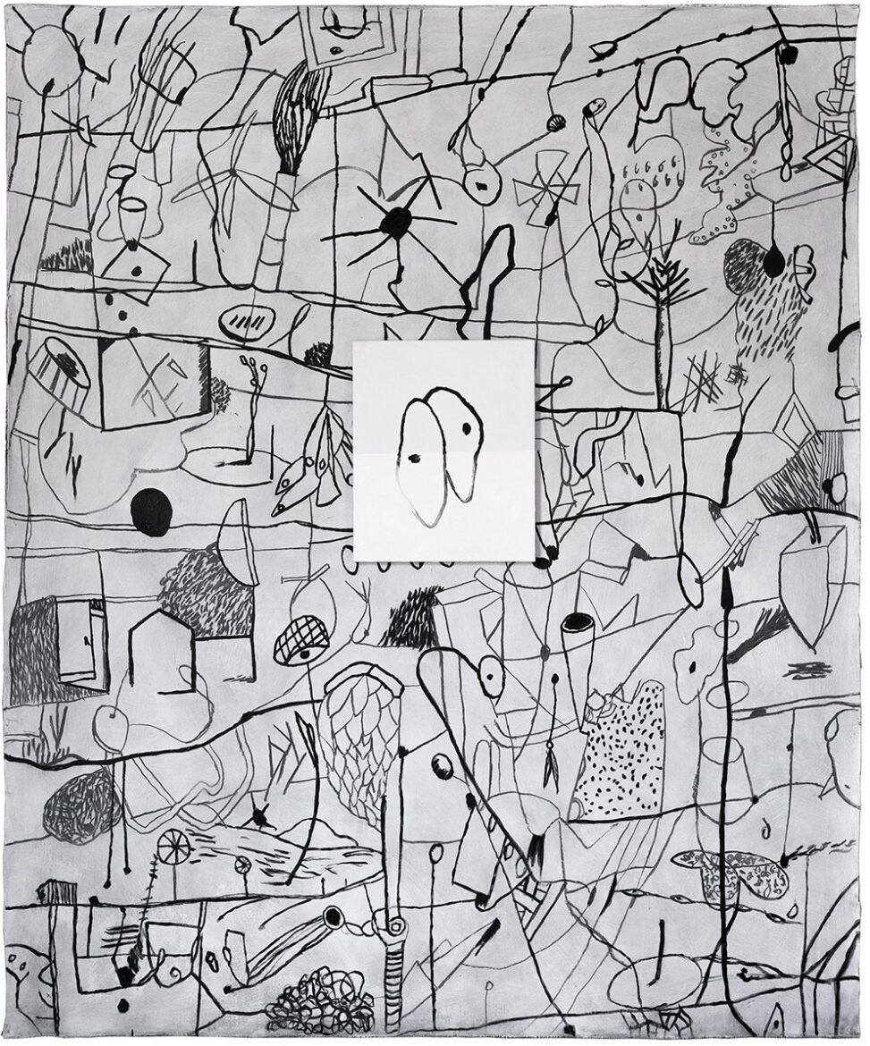 “ Chaos ”, tableau accroché sur toile libre, fusain et huile, 220 x 180 cm, 2024.